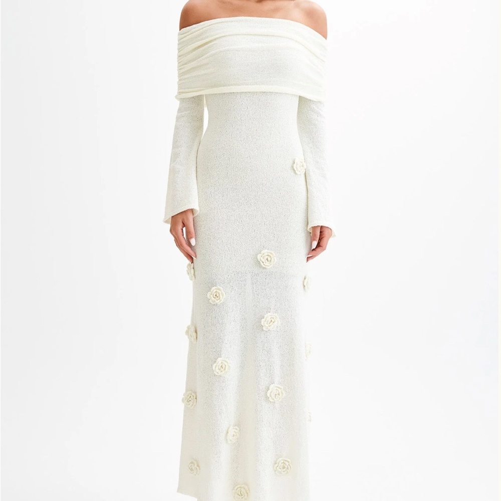 Off-Shoulder Long Sleeve Ivory Floral Appliqué Maxi Dress